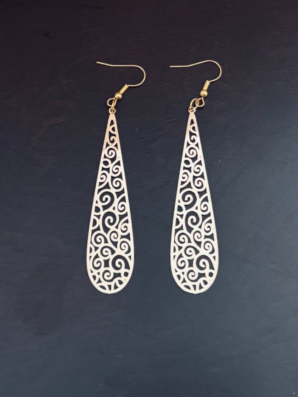 Long‎ Gold Filigree Teardrop Dangle Earrings